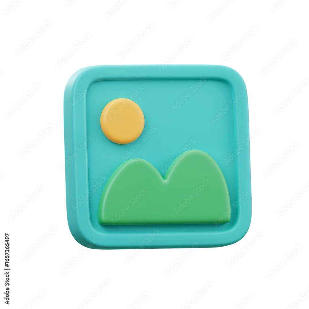 Poster stylized 3d rendered image icon representing a landscape with a sun and mountains isolated on transp