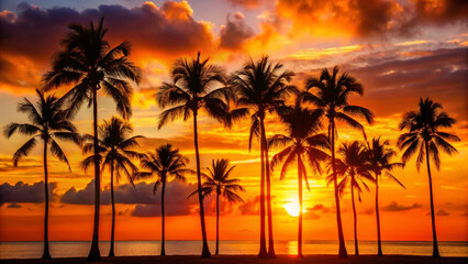 sunset over ocean with palm trees on the beach at dusk