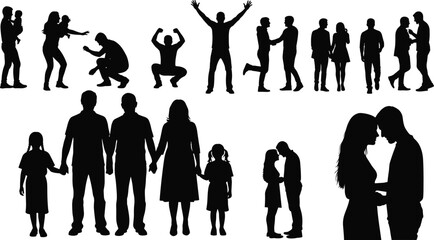 PrintSilhouette vector illustration of multiple groups of people in various poses, activities, and interactions, depicting family, friendship, and social connection concepts