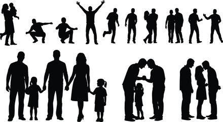 PrintSilhouette vector illustration of people in various dynamic poses and interactions, including couples, families, conversation, jumping, and human connection concepts