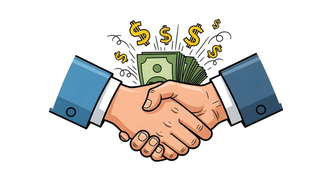 Two business people shaking hands over a pile of money with dollar signs, symbolizing a successful deal or financial transaction. - Powered by Adobe