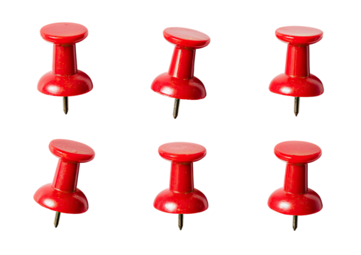 Six red pushpins arranged in a grid pattern against a black background.  Each pushpin is angled slightly differently, showing a three-dimensional view.  The pins have a glossy finish