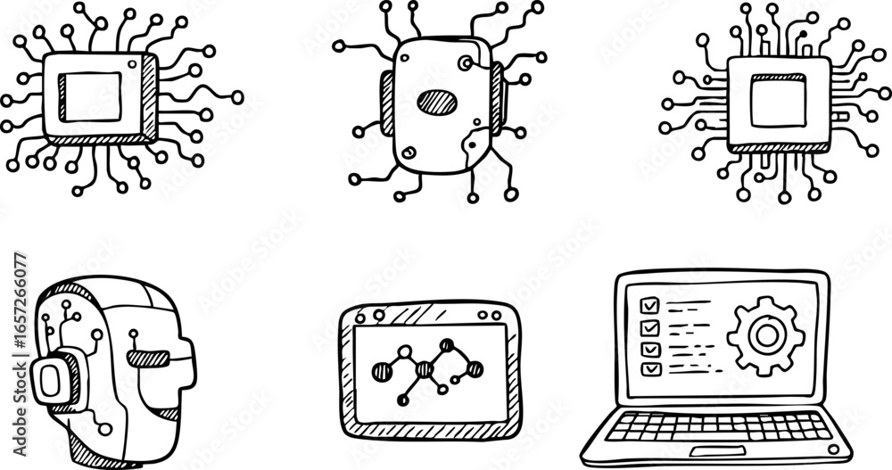 Aufkleber hand-drawn artificial intelligence and computer chip technology icons vector set