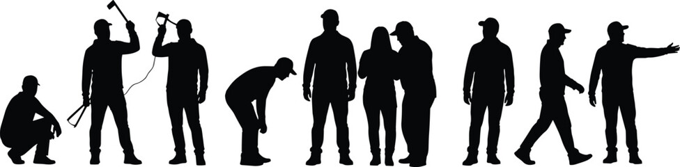 PrintSilhouette vector of people in dynamic poses with tools and gestures, illustrating human activity, teamwork, labor motion, and posture diversity
