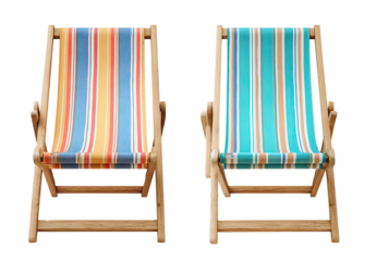 Two wooden beach chairs, striped fabric