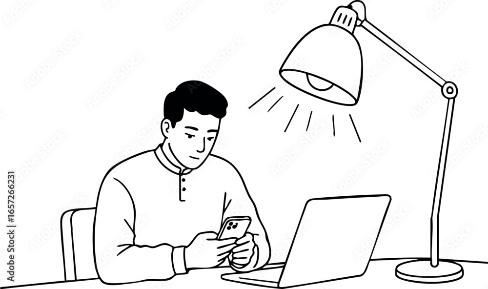 Poster man working at desk with laptop and mobile phone under adjustable lamp vector illustration