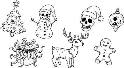 Fototapeta premium Christmas holiday themed black and white vector icons with tree snowman skull gift reindeer gingerbread 