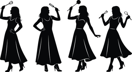 PrintSilhouette vector of stylish women holding kitchen utensils, combining elegance, cooking activity, culinary tools, and fashionable chef representation concept