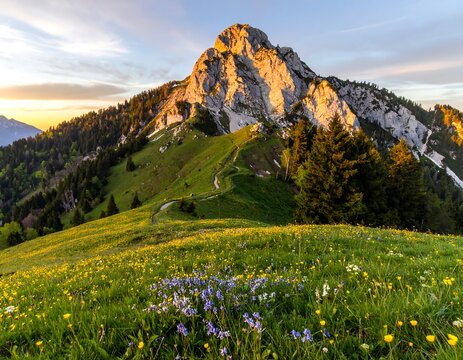 Mountain meadow at sunrise