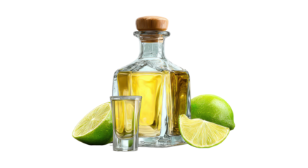 Gold tequila in a decanter with shot glass and limes