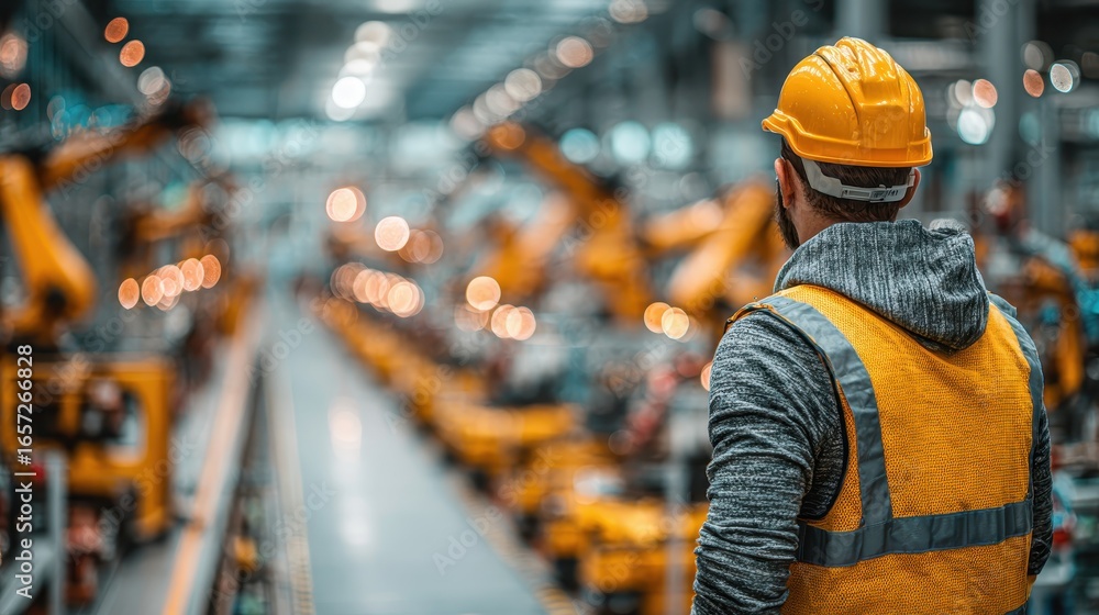 Poster industrial automation worker observing robotic assembly line in factory