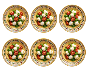 Six plates of fresh mozzarella, tomatoes, and basil arranged in a grid.  Each plate features a circular arrangement of the ingredients.  Ornate, gold-edged plates with decorative patterns