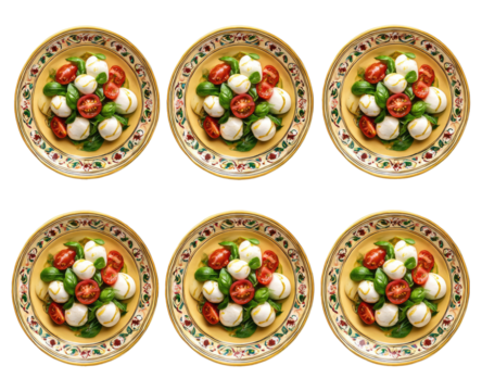 Six plates of fresh mozzarella, tomatoes, and basil arranged in a grid.  Each plate features a circular arrangement of the ingredients.  Ornate, gold-edged plates with decorative patterns - Powered by Adobe