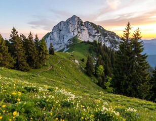 Mountain meadow at sunset