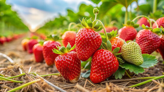 Fresh strawberries growing in a field with green leaves and ripe red fruit