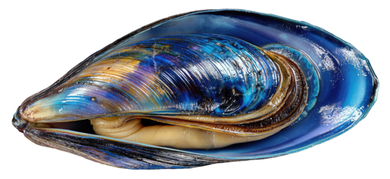 Vibrant blue and gold mussel shell