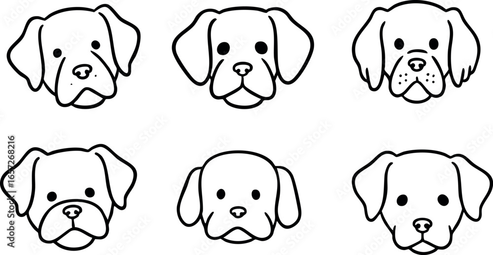 Poster dog faces line art vector set with different expressions and ear shapes