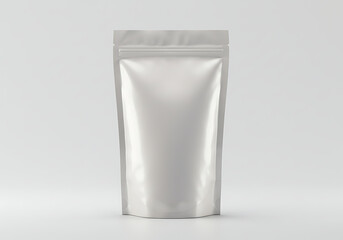 A blank, silver, glossy stand-up pouch with a zip lock, presented as a product packaging mockup on a light background.