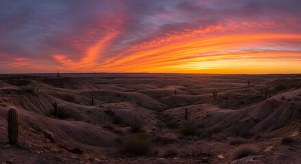 Naklejka premium Stunning desert sunset paints sky with vibrant orange and purple hues over rolling hills and cacti