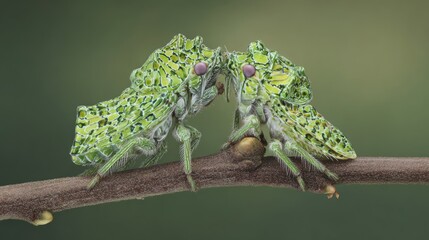 Obraz premium Fantastically shaped treehoppers with electrical charge visualizations surrounding their uniquely evolved bodies 