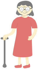A physically active elderly woman walking with a cane, senior care, aging society