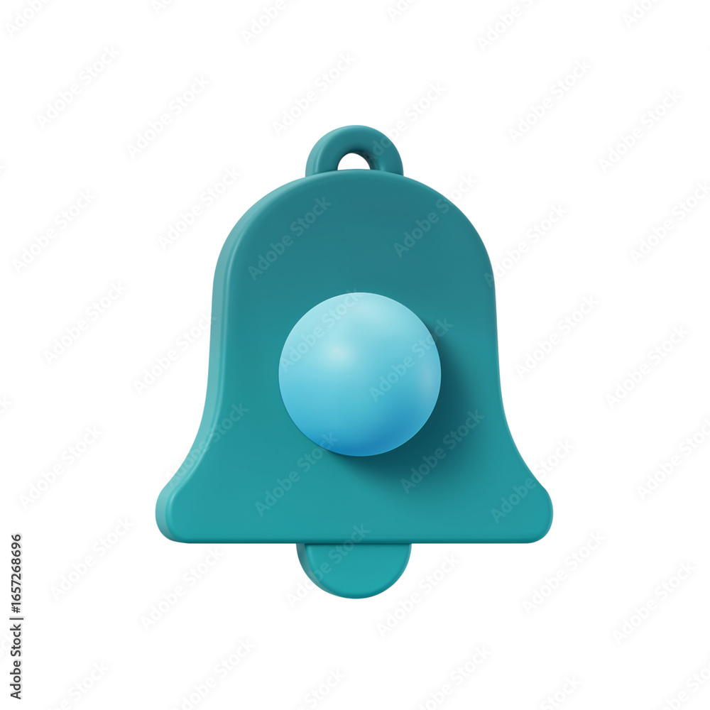 Poster a stylized teal bell with a light blue clapper isolated on transparent background for notifications 