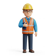 Diligent male construction worker wearing a yellow hard hat and safety vest holding a tablet on an isolated transparent background.