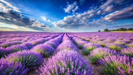 Obraz premium A serene landscape of a vast lavender field under a cloudy blue sky