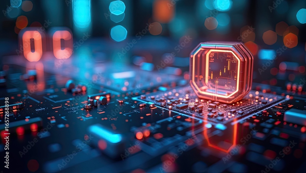 Poster illuminated octagonal symbol on a circuit board.