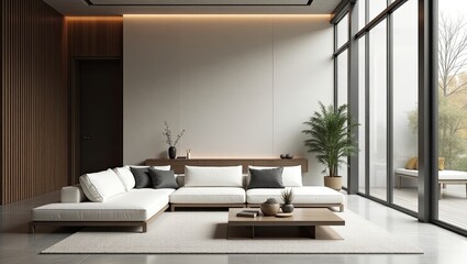Modern minimalist living room with large windows.