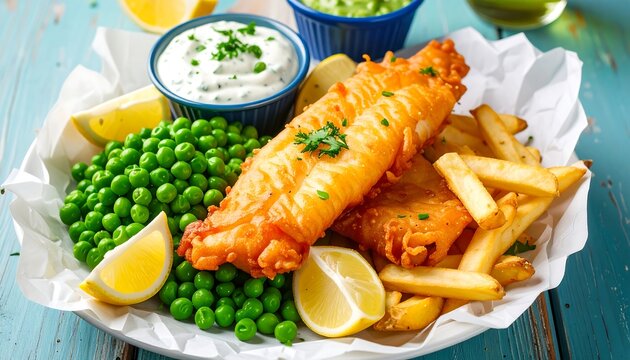 Crispy fish and chips with sides