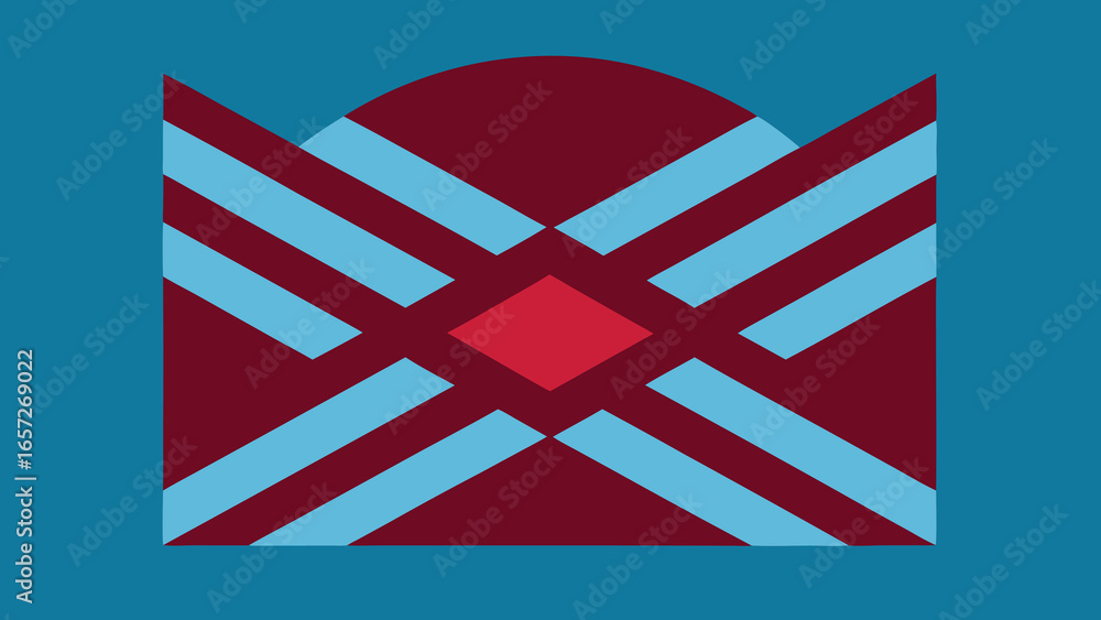 Poster geometric abstract design with maroon blue and red elements on a teal background pattern shape