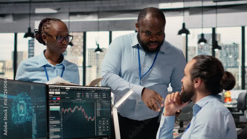 Poster teamworking traders in prop firm office leverage ai tech to interpret charts, optimizing buying and 