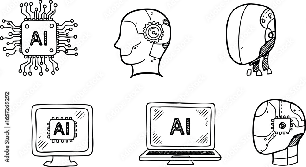 Aufkleber artificial intelligence chip and robot heads with computer and laptop vector illustration