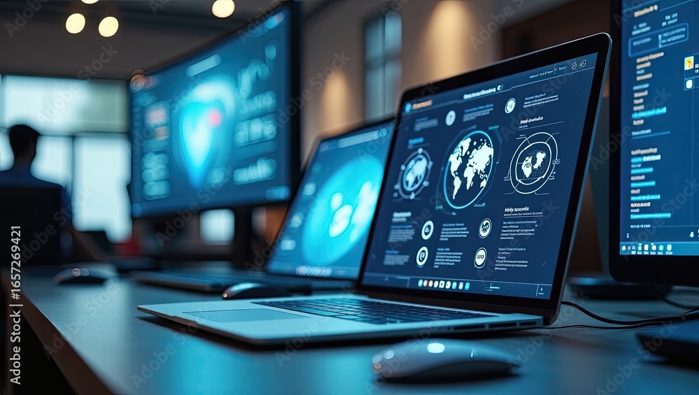 Fototapete multiple computers and laptops displaying data visualizations.