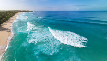 Fototapeta na wymiar Beach and waves as a background from top view blue water background from drone summer seascape from air bali island indonesia travel image 