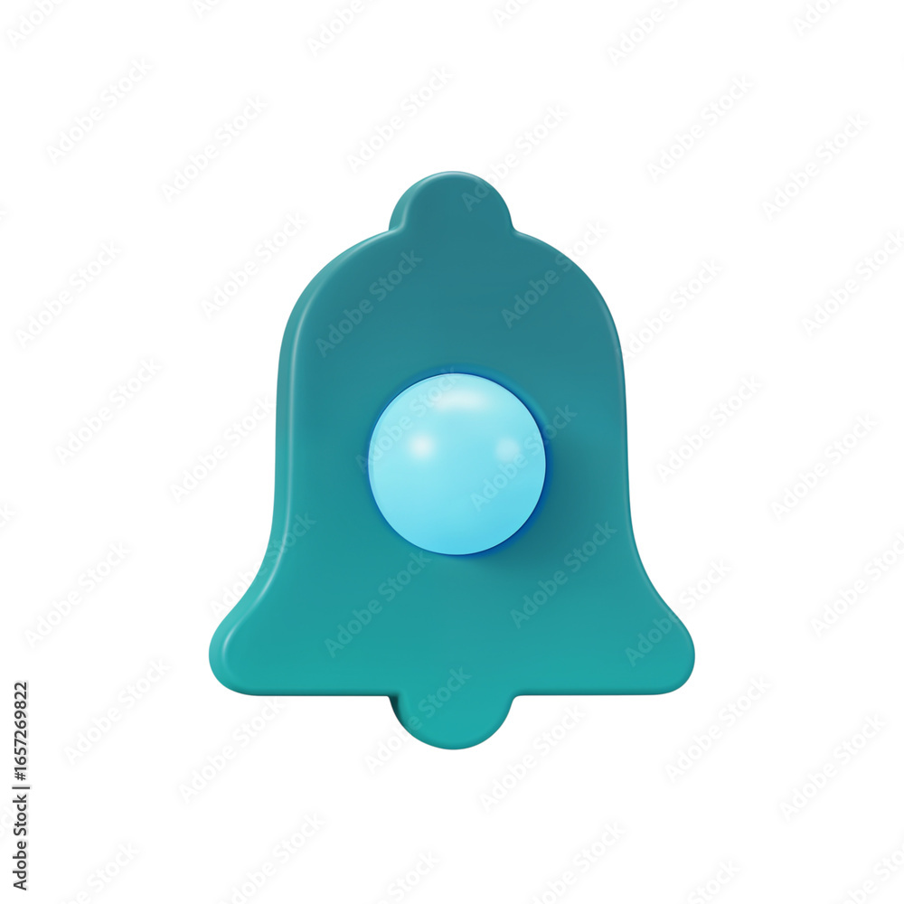 Poster modern teal bell icon with glowing blue orb symbolizing notifications and alerts isolated on transpa