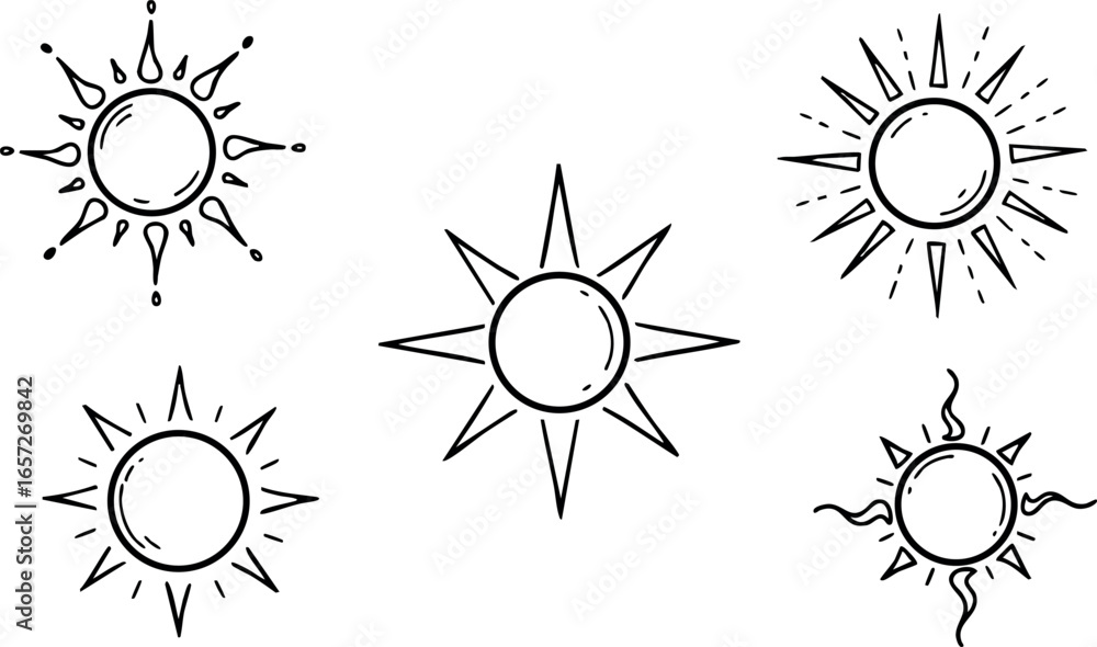 Poster hand drawn sun icons vector set with different rays and simple design