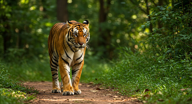Bengal tiger walking a forest trail,  wildlife in nature.