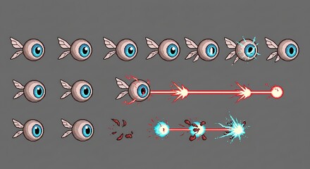 Flying eyeball character sprite sheet with laser effects