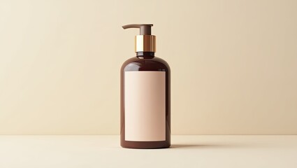Empty bottle of brown cosmetic product with a light-pink label.