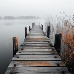 Fototapeta premium Weathered wooden dock extending into a foggy lake