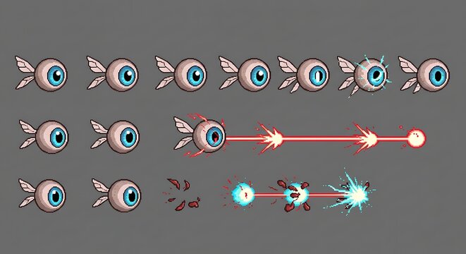 Flying eyeball character sprite sheet with laser effects