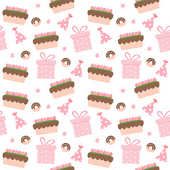 Seamless Party Pattern with Cake, Gift, Donut, and Hat for Party Background