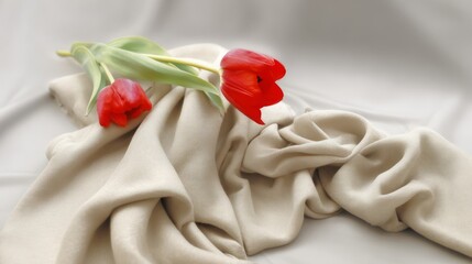 A single red tulip in full bloom rests on beige linen, surrounded by soft shadows and negative space.
