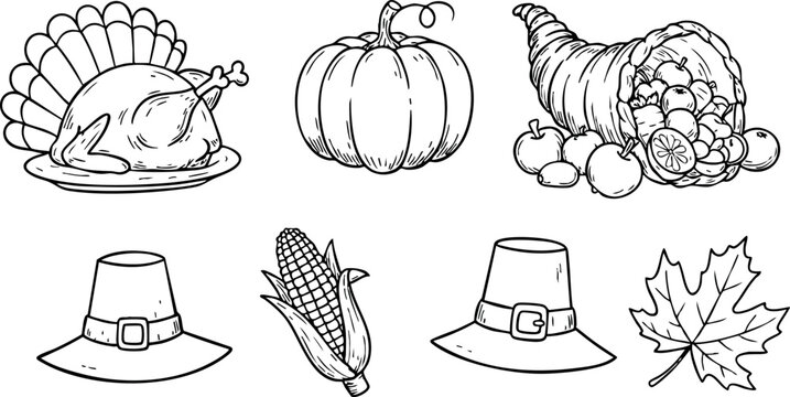 Thanksgiving harvest turkey pumpkin cornucopia pilgrim hat and maple leaf vector illustration 