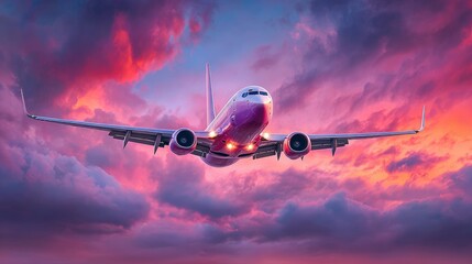 Airplane soaring through vibrant sunset clouds