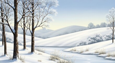 A winter landscape featuring snowcovered hills bare trees with snow and a partially frozen stream