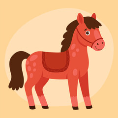 Horse, pony with red saddle. Cute zodiac horse, new year of the horse. Happy animal character on red background.