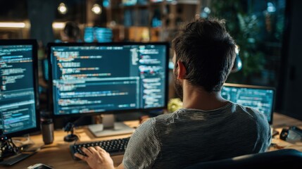 A person working intensely at a multi-monitor computer setup displaying code and data in a darkened room